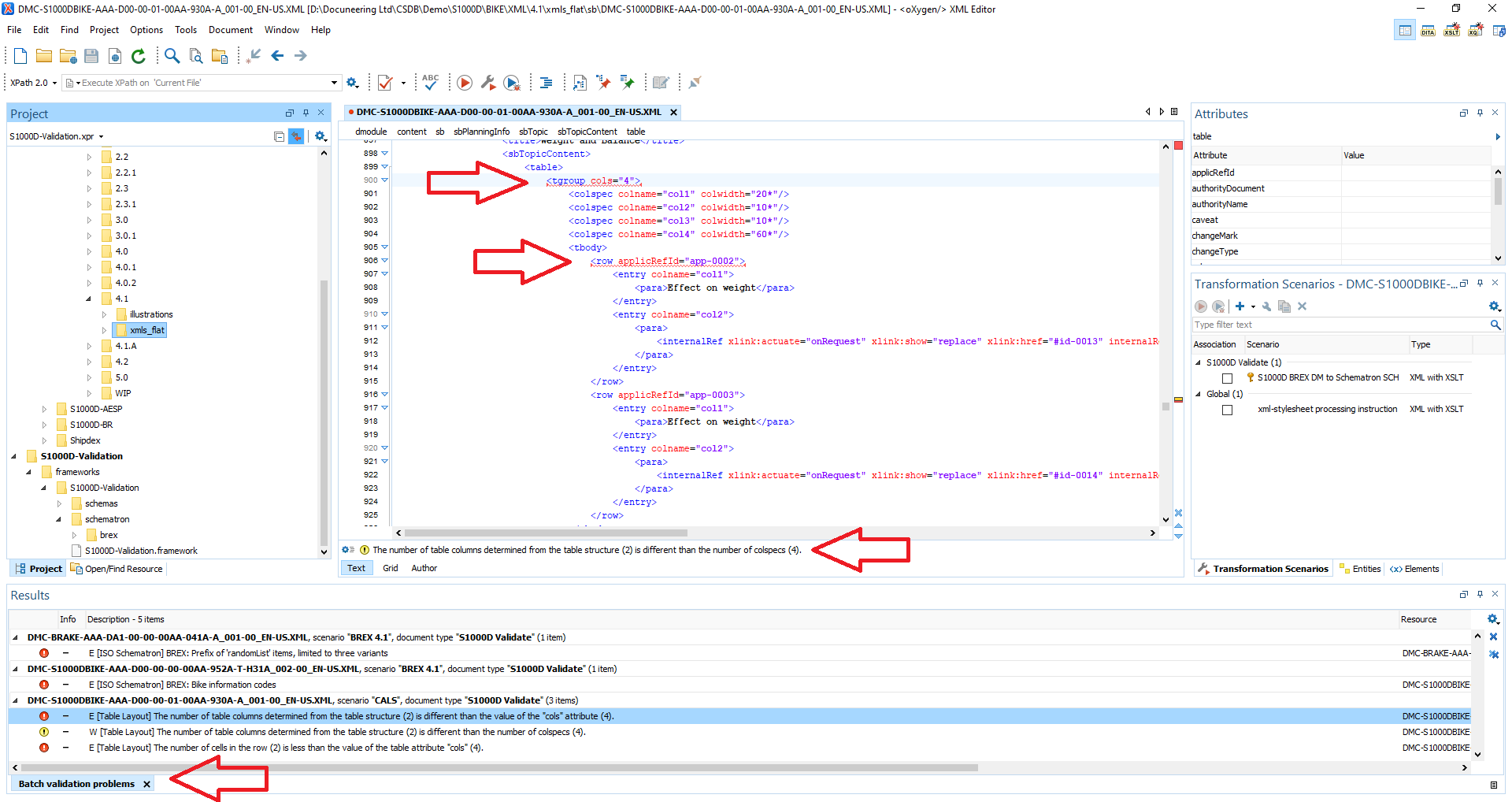 Oxygen XML batch validation of S1000D Issue 4.1 data against Schema, BREX and CALS Table